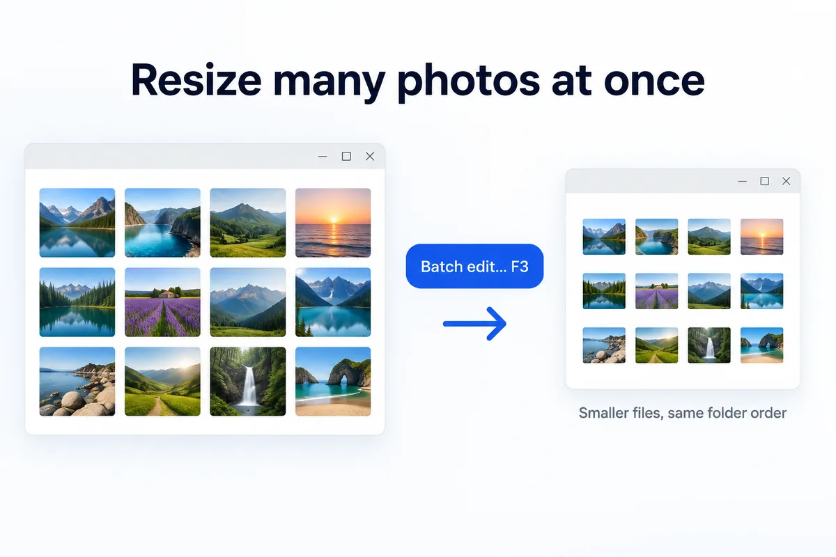 Resize many photos at once — twelve photos, Batch edit… F3, smaller files