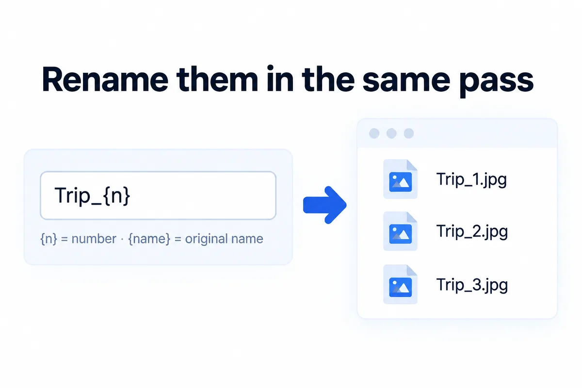 Rename them in the same pass — pattern Trip_{n} becomes Trip_1.jpg, Trip_2.jpg, Trip_3.jpg