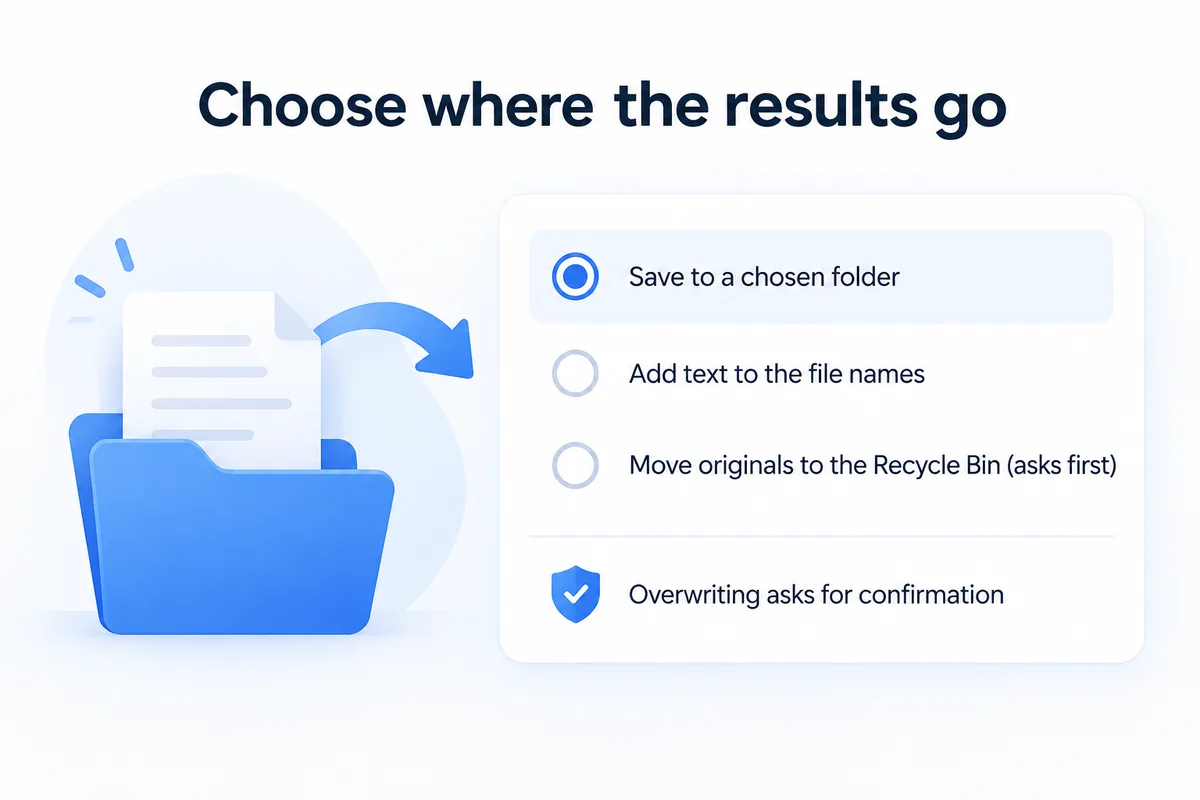 Choose where the results go — save to a chosen folder, add text to file names, originals to the Recycle Bin only after confirmation