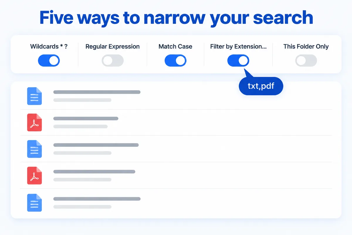 Narrow it down — wildcards, regular expression, match case, filter by extension, this folder only