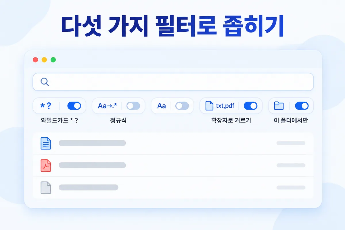 좁혀서 찾기 — 와일드카드, 정규식, 대소문자 구분, 확장자로 거르기, 이 폴더에서만