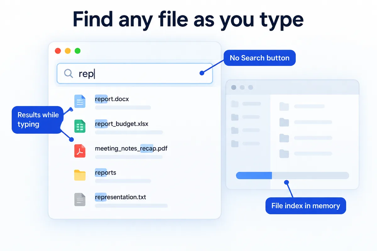Find files as you type — results appear while you type a file name