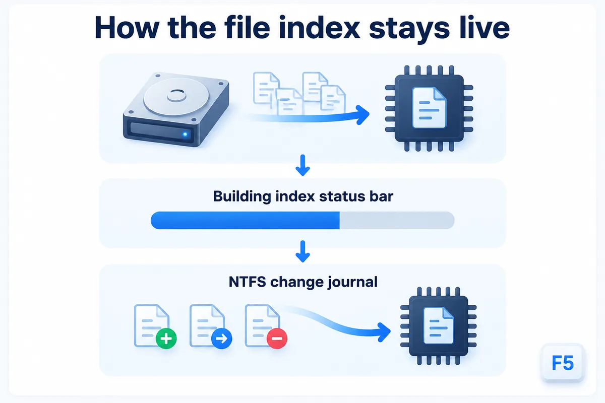 Why it is instant — the file index lives in memory and updates as files change