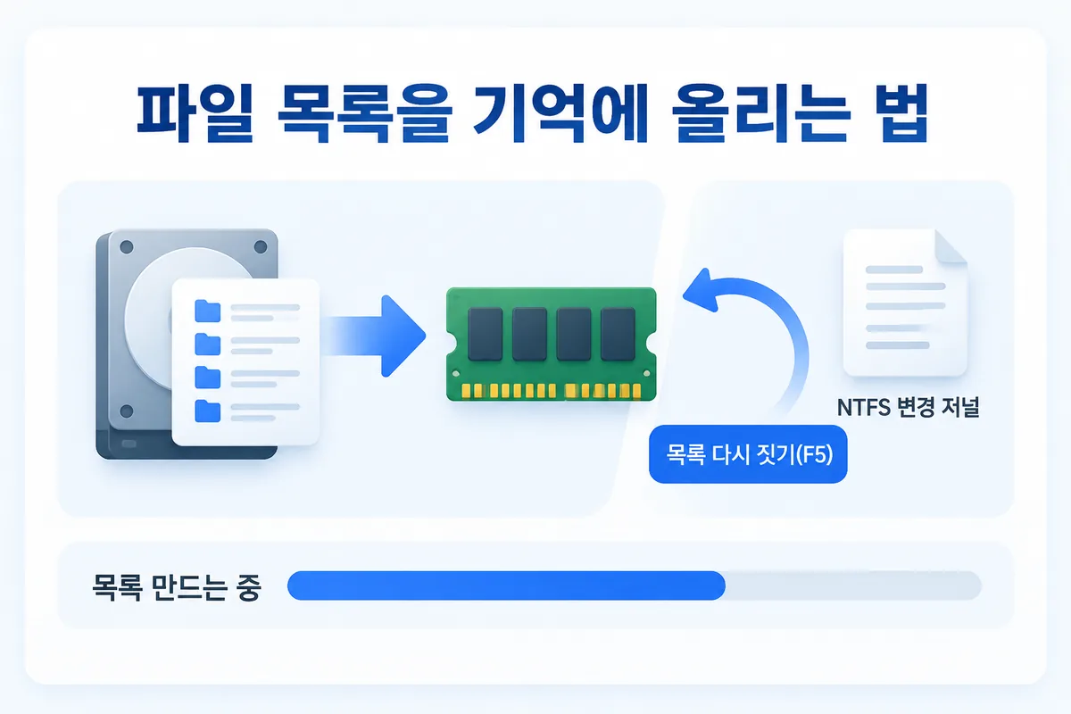 왜 바로 나오나 — 파일 목록이 기억에 있고, 바뀌면 바로 반영된다