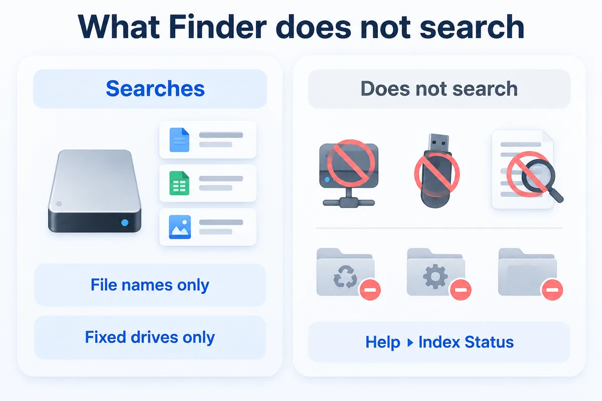 What it searches — file names on fixed drives; not network drives, USB drives or file contents