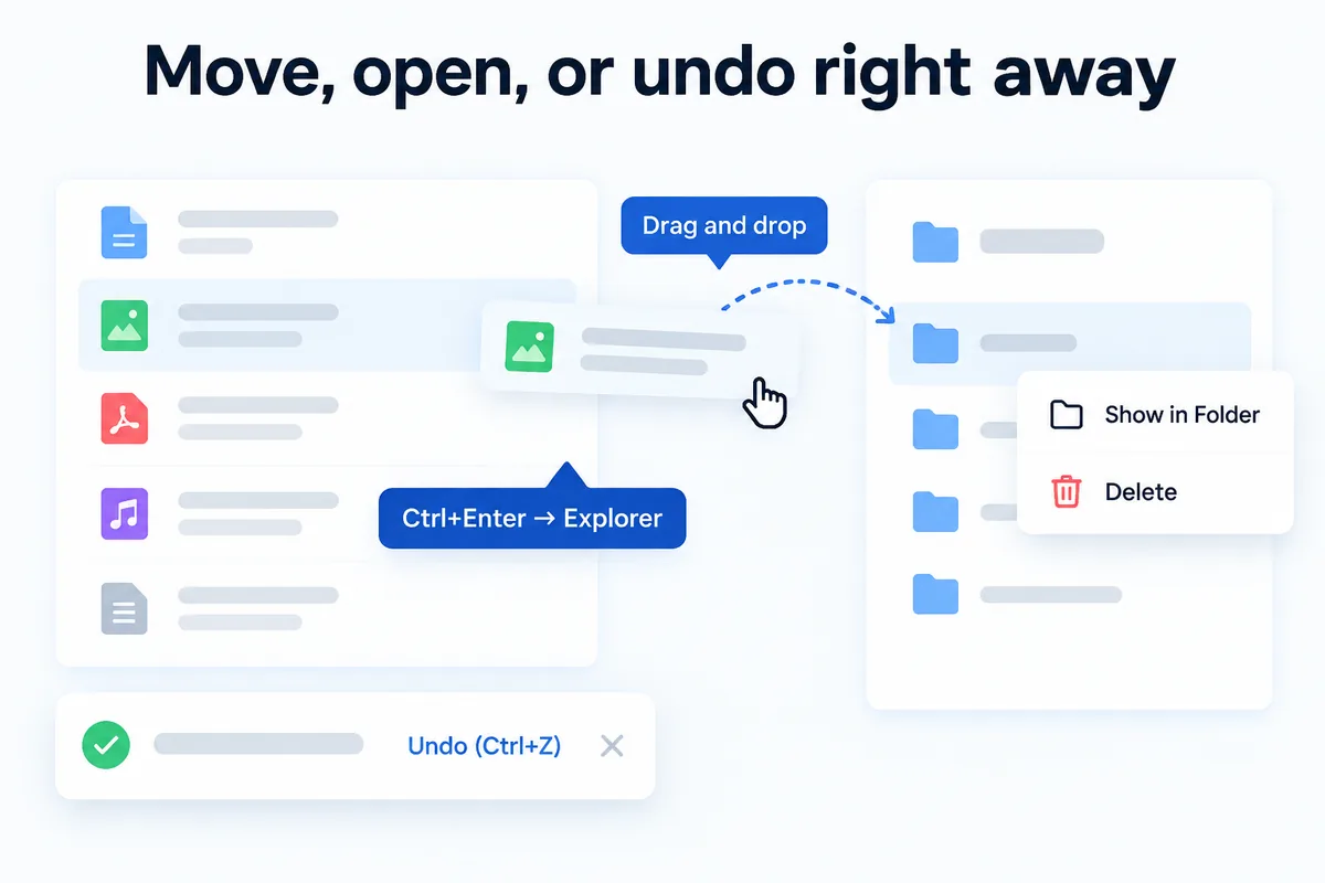 Act on what you found — show in folder, drag to move, undo puts it back