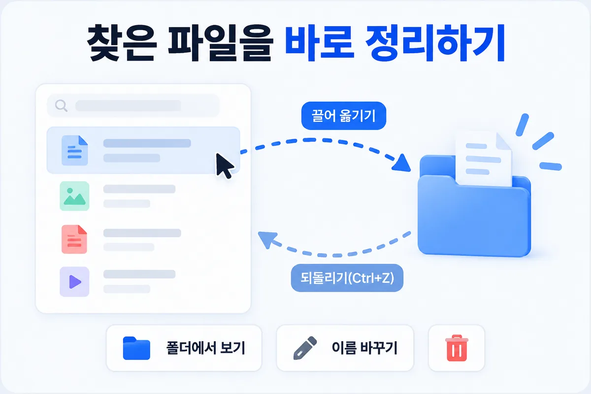 찾은 다음 — 폴더에서 보기, 끌어 옮기기, 되돌리기로 원래 자리
