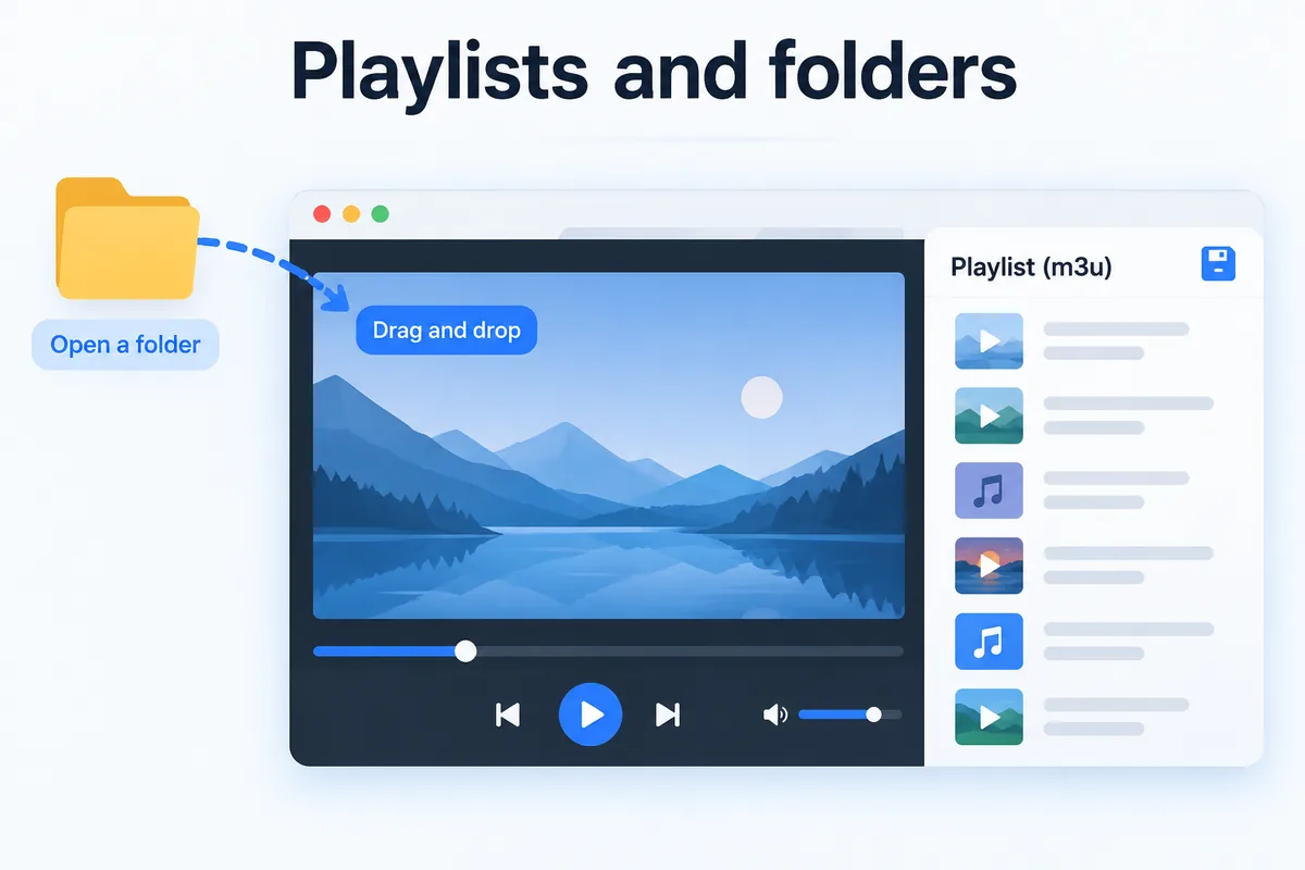 Playlists and folders — open a folder, drag and drop, playlist (m3u)
