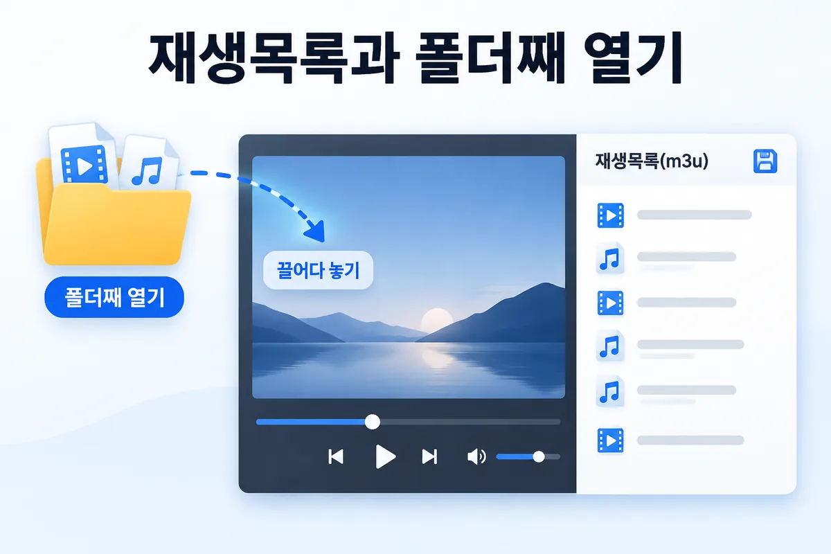 재생목록과 폴더째 열기 — 폴더째 열기, 끌어다 놓기, 재생목록(m3u)
