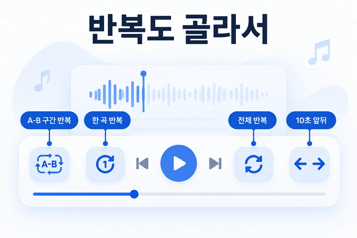 반복도 골라서 — A-B 구간 반복, 한 곡 반복, 전체 반복, 10초 앞뒤