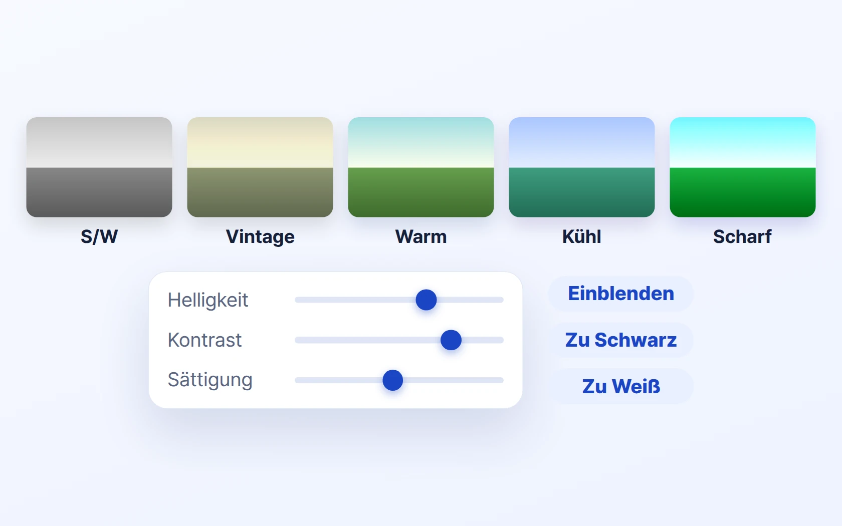5 Filter · Helligkeit, Kontrast, Sättigung · Überblendungen und Schwarz-/Weißblenden
